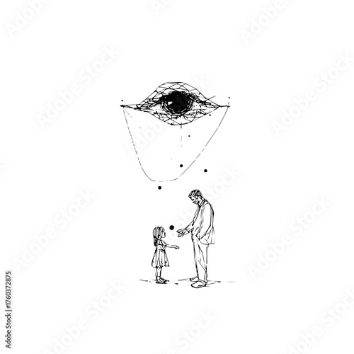 Sketch of a man and child reaching for a ball under a stylized eye with geometric patterns above them