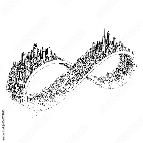 Infinity symbol cityscape with detailed buildings and bridge in black and white illustration style art