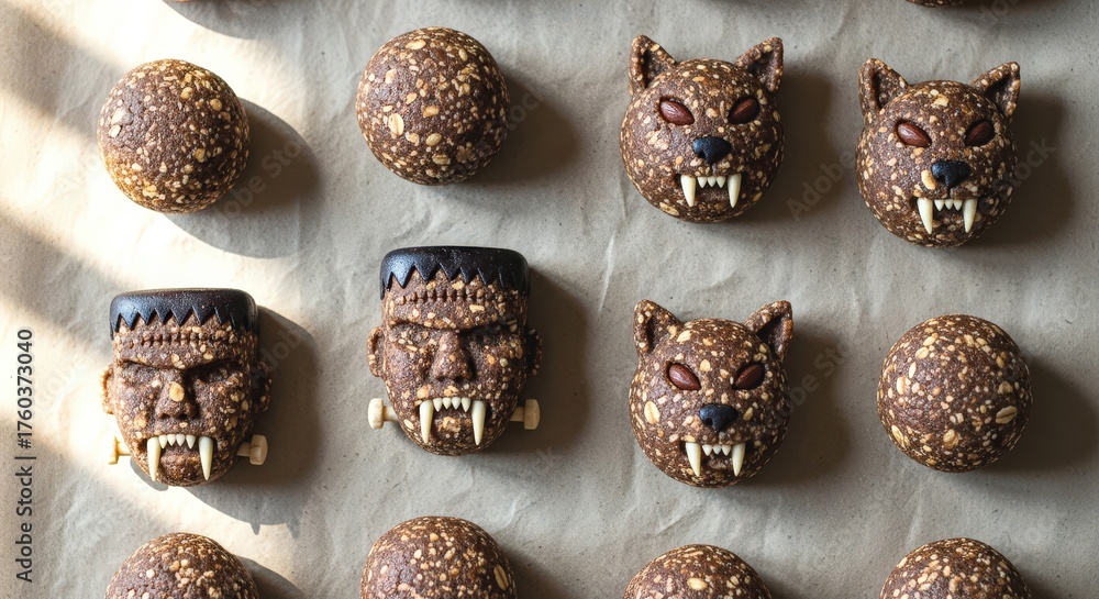 Fototapeta premium Overhead shot of halloween monster energy balls on parchment paper, featuring frankenstein and werewolf designs, perfect for a healthy treat