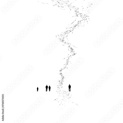 Silhouetted figures standing near a winding abstract line on a stark white background creating contrast and depth