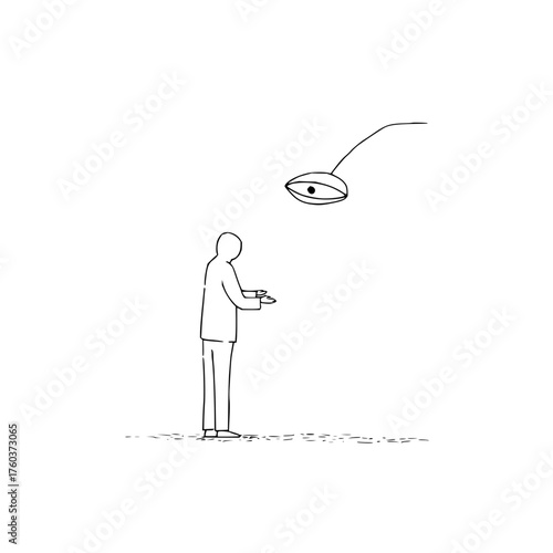 A person facing an eye like object suspended above them in a minimalist black and white illustration