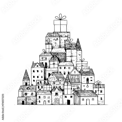 Illustration of stacked houses and gifts resembling a christmas tree in black and white drawing style