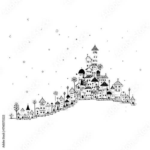Hand drawn monochrome whimsical cityscape with various buildings and falling snow on a white background scene