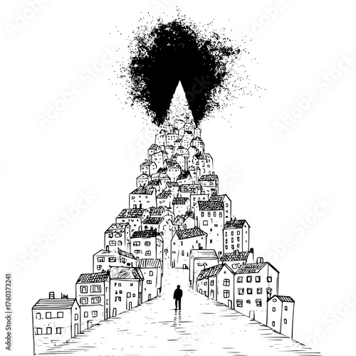 A lone figure walking towards a towering city with a dark cloud above in a monochrome illustration