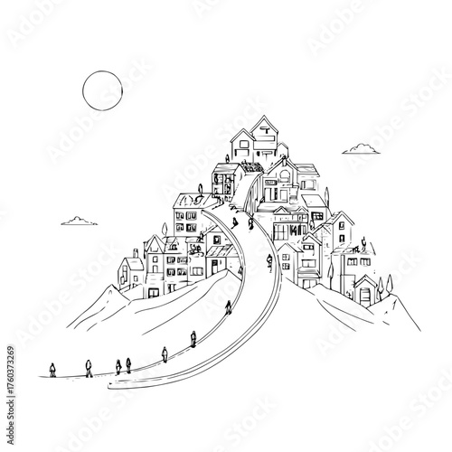 Illustration of a hillside town with houses, a road, people, clouds, and a circle resembling the sun