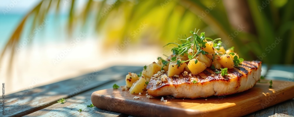 Fototapeta premium Grilled fish with pineapple salsa served on wood board. Beachside dining captures tropical vibe. Summer food presentation on ocean shore. Culinary art concept food photo.