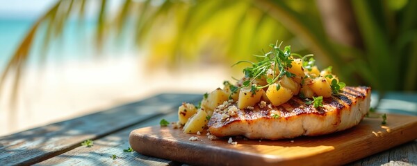 Grilled fish with pineapple salsa served on wood board. Beachside dining captures tropical vibe. Summer food presentation on ocean shore. Culinary art concept food photo.