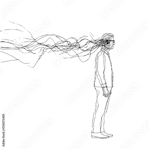 Line drawing of a man in a suit with flowing lines emanating from his head in a side profile view