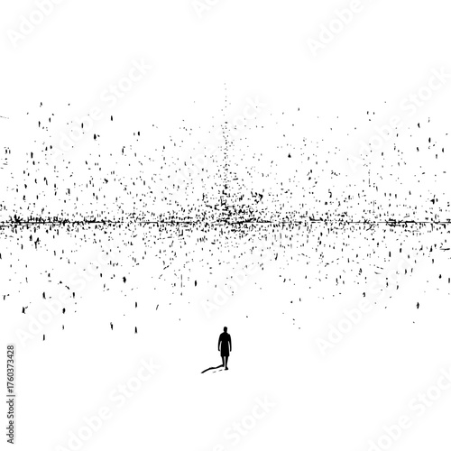 A lone figure walks towards a dense horizon of fragmented shapes in a stark black and white landscape