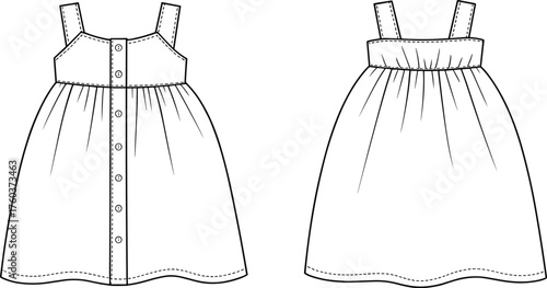 Sleeveless dress fashion flat sketch, technical garment illustration with straps, button front closure, flared skirt, front and back view, CAD drawing flat vector illustration