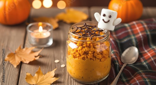 A delightful halloween dessert featuring pumpkin puree in a jar, topped with a marshmallow ghost and chocolate web, surrounded by autumn decor