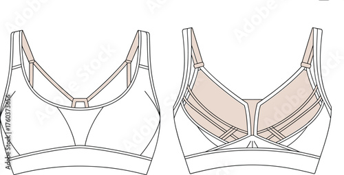 Sports bra technical flat sketch, front and back view, strappy back design, activewear fashion illustration, CAD drawing flat vector illustration
