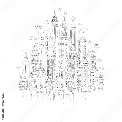 Detailed black and white line drawing of a dense cityscape with tall buildings and skyscrapers view