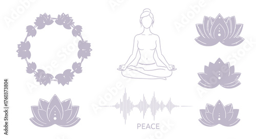 Elegant mindfulness vector elements with lotus wreath, meditation pose, and sound wave for mental wellness app branding