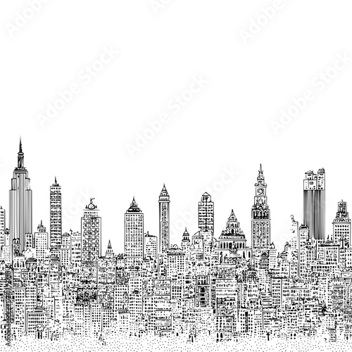 Detailed black and white skyline illustration showcasing various buildings and architectural styles in a city