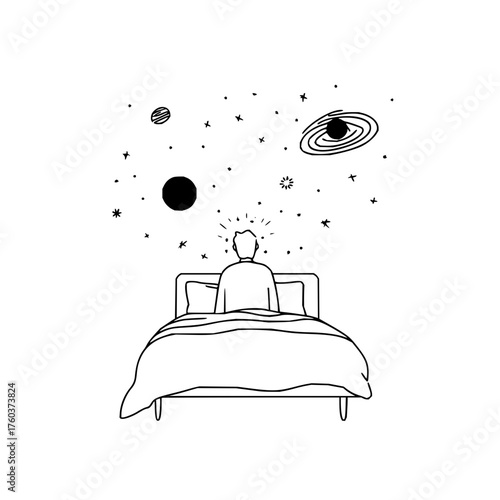 Person sitting in bed looking at space with stars planets and a galaxy in a black and white drawing