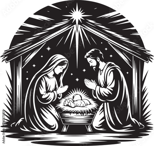 Sacred Nativity scene with praying parents and baby Jesus