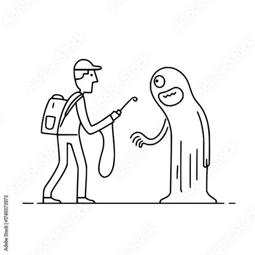 Man with sprayer facing a cartoon monster with one eye and wavy mouth in a line drawing style