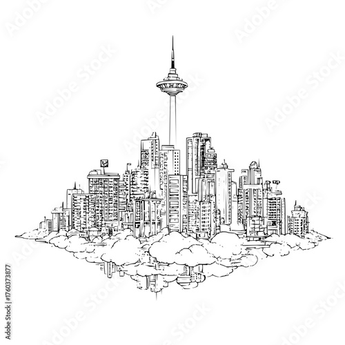 A detailed monochrome sketch of a city skyline with a tall tower surrounded by clouds and reflections