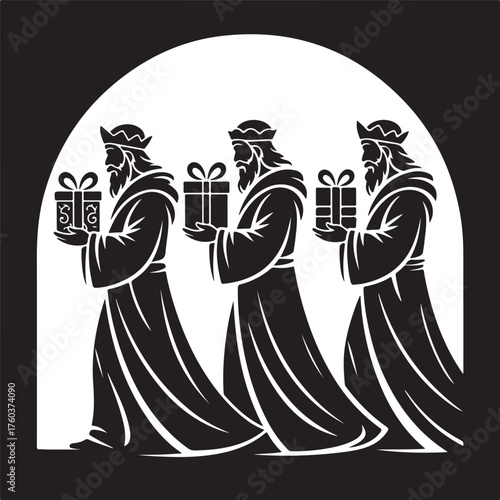 Three wise men bearing gifts in silhouette