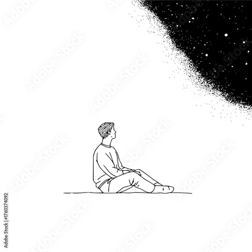 A person sitting on the ground looking up at a starry night sky rendered in a minimalist line drawing style