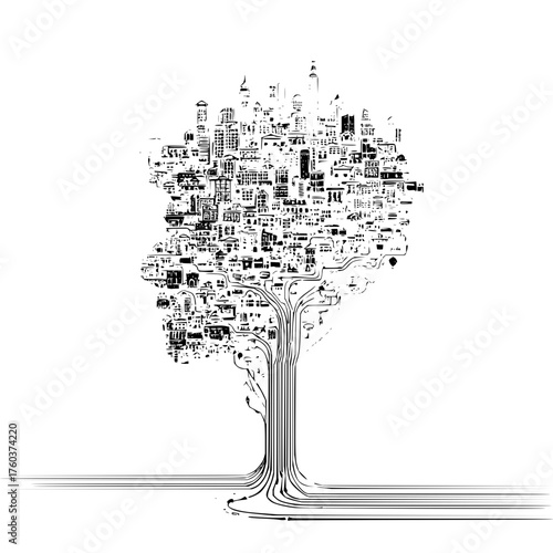 Black and white illustration of a tree with a city skyline as its foliage and roots extending outward