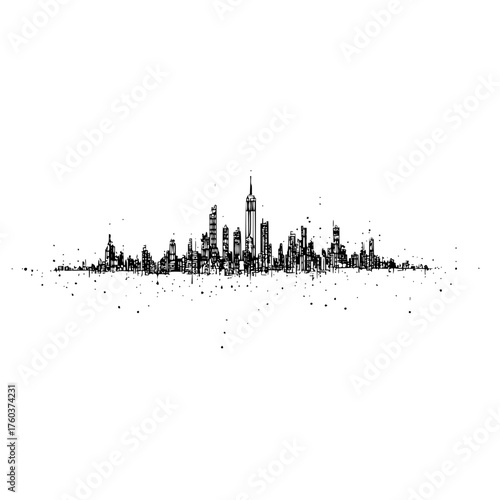 Cityscape outline with tall buildings and a tower in black ink on a white background in detailed style