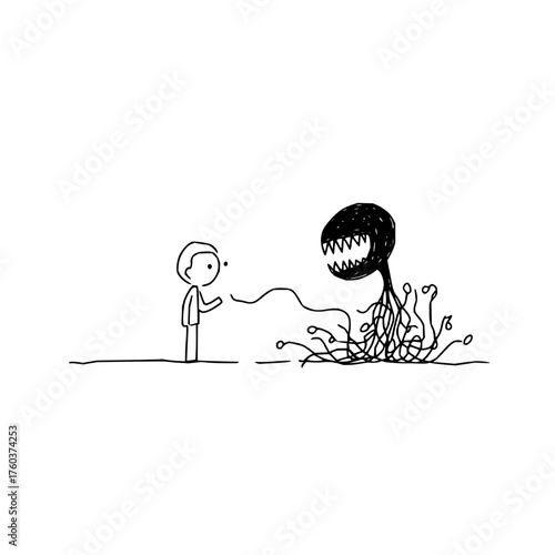 A simple drawing shows a person facing a monster with sharp teeth and many roots on a white background