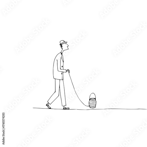 A man in a suit and hat walking and pulling a striped bucket with a rope in a minimalist style drawing