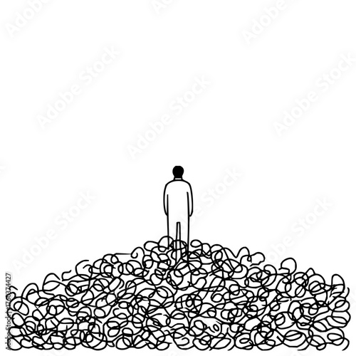 A solitary figure stands atop a chaotic pile of tangled lines in a minimalist black and white drawing