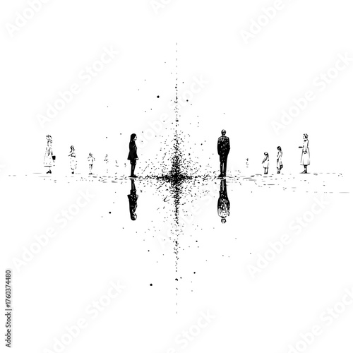 Silhouette of figures standing on a reflective surface with a central burst of abstract ink blots art