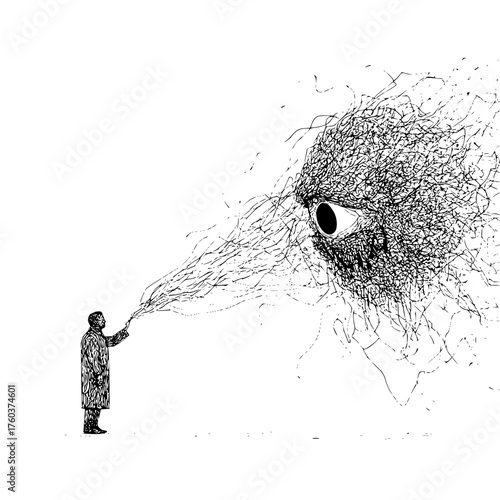 A man in a coat reaches towards a large eye made of chaotic lines in a black and white drawing style
