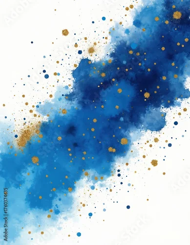 Panel kuchenny z motywem Abstract illustration showcases blue watercolor strokes with gold glitter details. Artistic design features elegant, luxurious composition suitable for various applications and branding.
