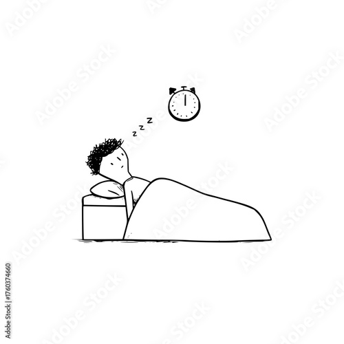 A person sleeping in bed with an alarm clock above them and zzz symbols indicating sleepiness shown