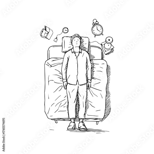 Person lies in bed with floating objects including a clock and tea box in a black and white sketch style