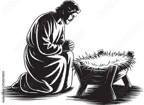 Man kneeling by empty manger, prayerful devotion