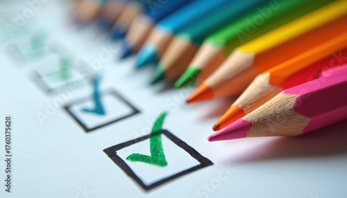 Colorful pencils lie beside a checklist with completed tasks. Green checkmarks indicate tasks finished. Bright writing tools suggest planning and organization for work or school.