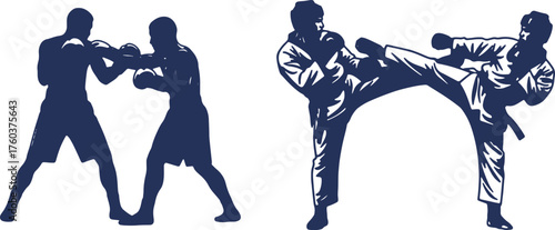 Dynamic combat silhouettes: Two separate scenes showcase the intensity and skill of combat sports, including boxing and taekwondo.