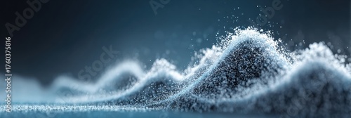 Textured surface resembles a serene snow landscape with fine particles forming gentle contours against a gradient background, creating a peaceful atmosphere