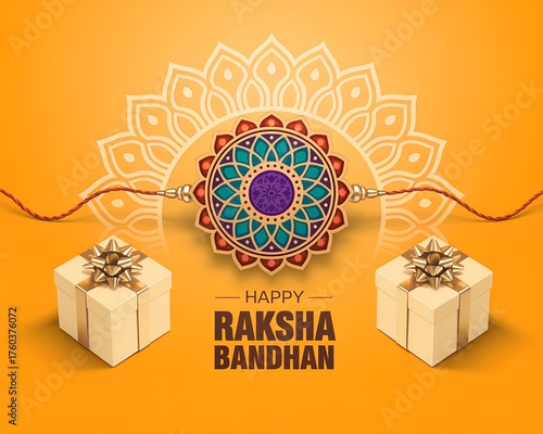 Beautiful Raksha Bandhan greeting card with a colorful rakhi, gift boxes, and elegant mandala art on a bright orange background.