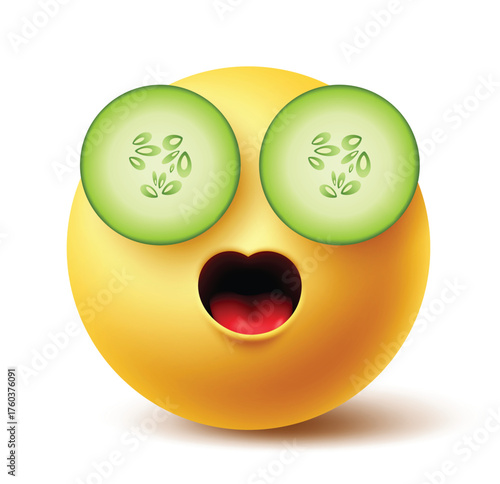 Emoji summer icon clipart. Yellow emoticon character clip art with cucumber eye in wow, surprised, cute, shocking, cool and relax facial expressions flat element vector illustration.
