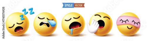 Emoji sleepy emoticon clipart set. Yellow Emojis character clip art with tired, calm, yawning, sleep, rest, snoring and relax smiley face emoji symbol collection vector illustration.
