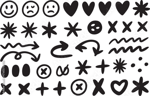 Hand drawn icons shapes arrows hearts smiles creative elements