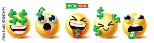 Emoji money mouth emoticon character clipart set. Money mouth yellow emojis clip art in happy, greedy, rich, wealthy, humor and fun facial expressions with dollar sign collection vector illustration.

