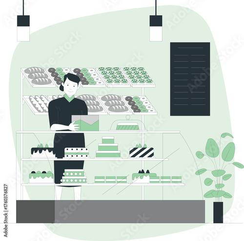 Baker standing behind a display case filled with bread and cakes in a minimalist flat design bakery shop