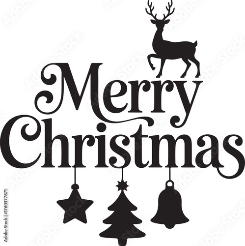 Elegant Merry Christmas text with reindeer and ornaments