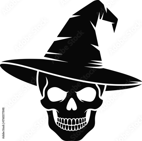 Minimalist black silhouette illustration of a menacing skull wearing a classic witch hat with a wide brim on transparent background