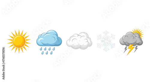 Colorful Weather Icons Depicting Sun Rain Clouds Snow and Storms.