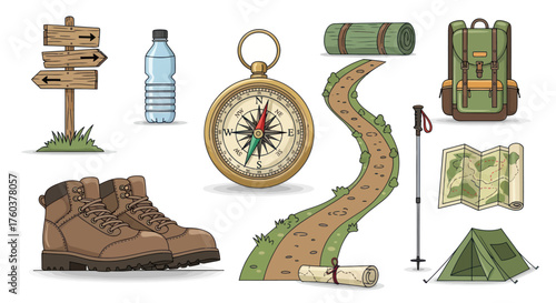 Collection of Hiking and Camping Equipment Illustrations.