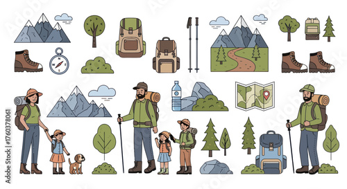 Hiking and Camping Adventure: Family Gear and Mountain Scenery Illustration.